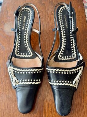 Emma Hope Black Slingback Mules with Cream Woven Trim